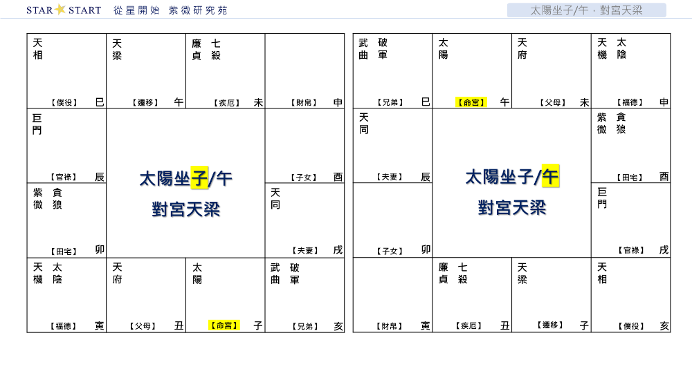 太陽坐子/午，對宮天梁,從星開始,紫微研究苑
